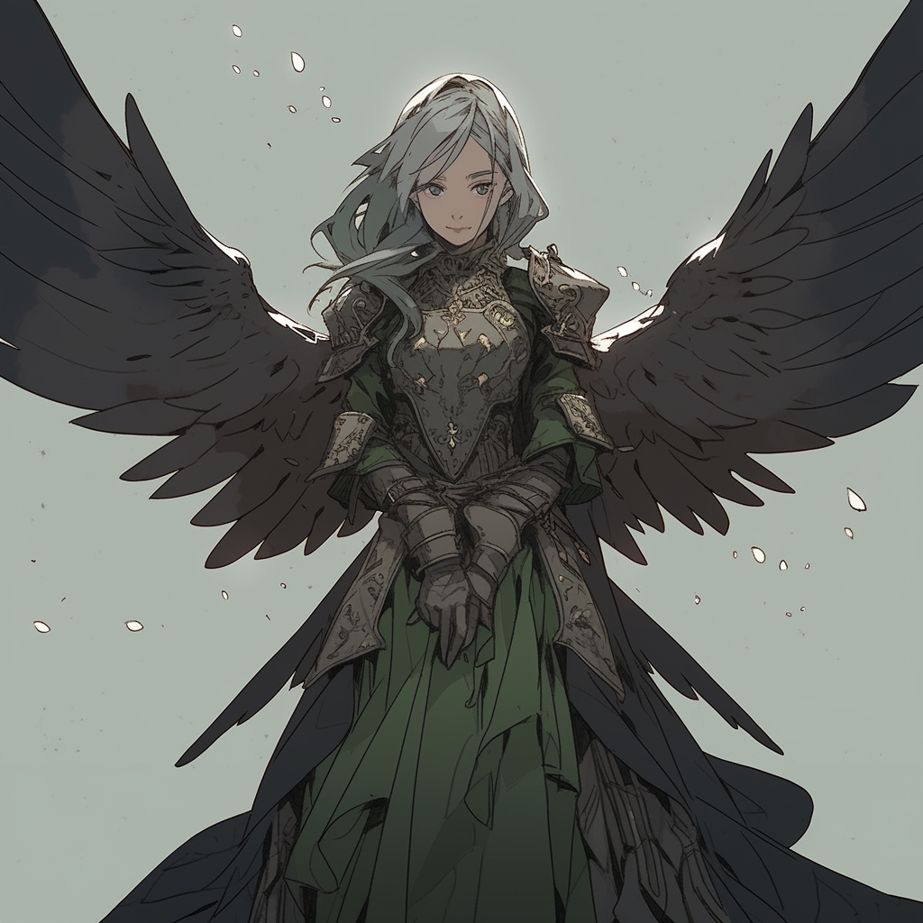 Beautiful angel with loon's wings in grey armor