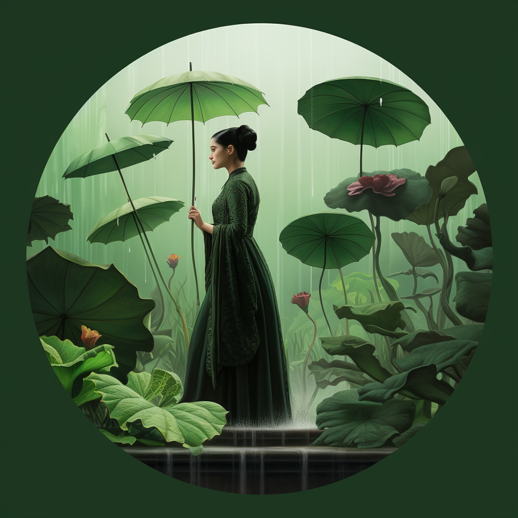 Maiden in Spring Rain on Green Background with Lotus Leaf