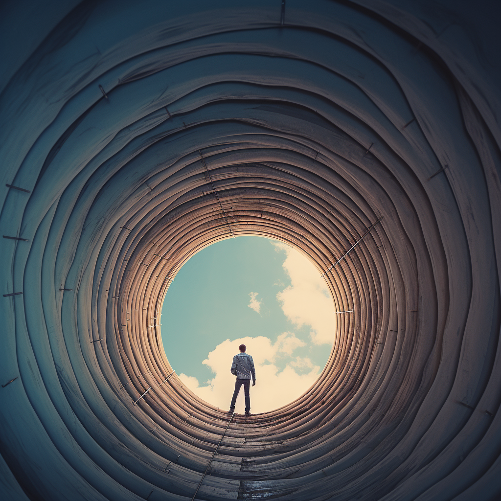 Maintenance worker climbing into giant pipe