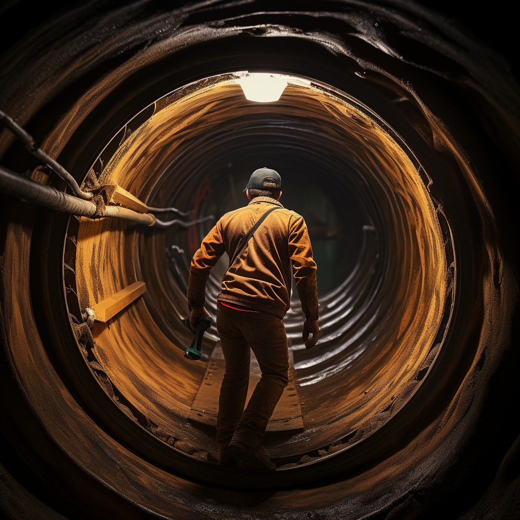 Maintenance worker stepping into giant pipe