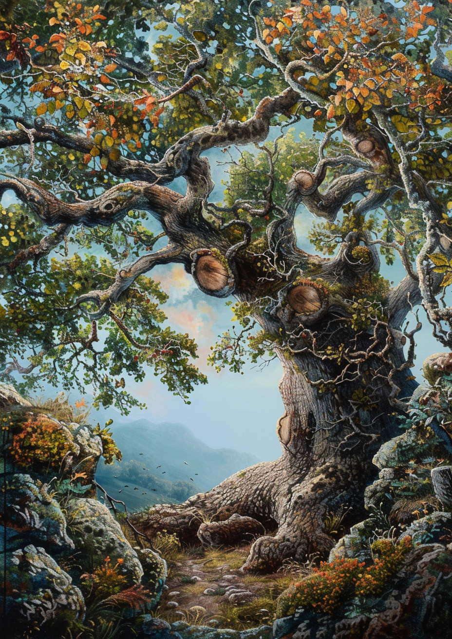 Detailed oak tree painting art