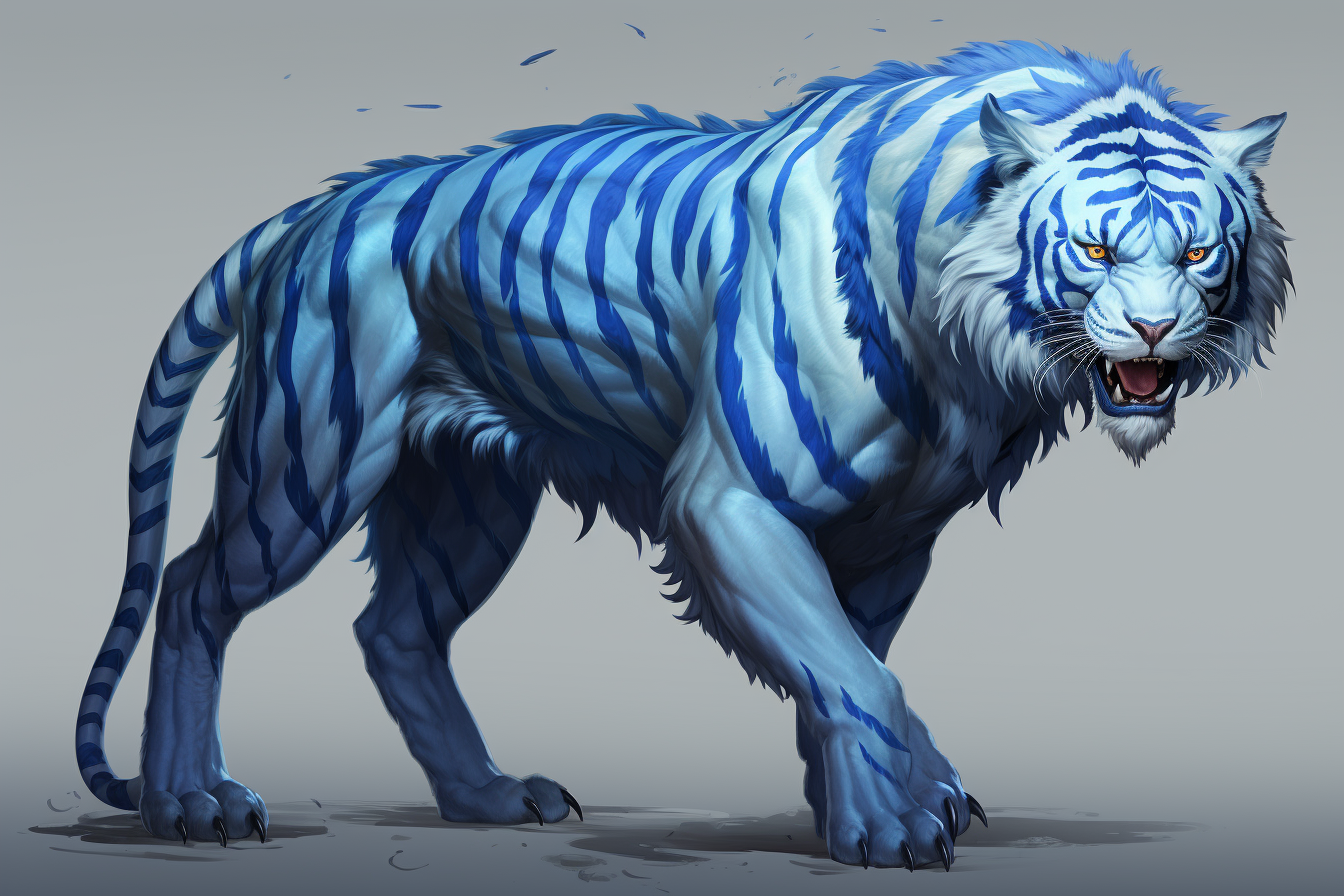 Majestic blue tiger game character in Ben Specklin art style