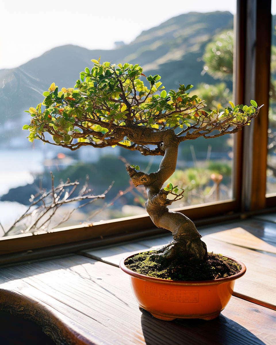 Majestic bonsai tree in orange pot