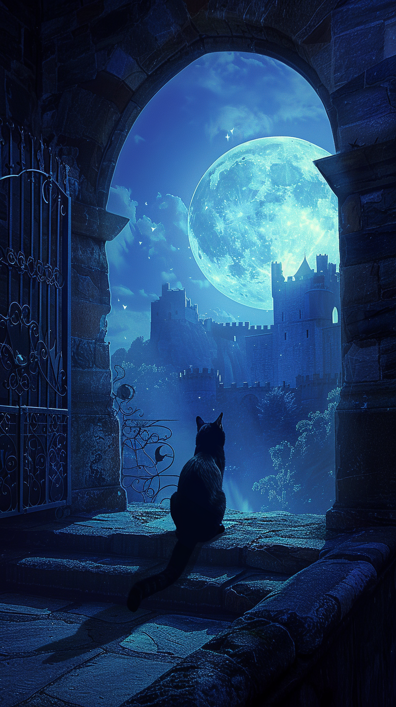 Majestic cat guarding castle entrance