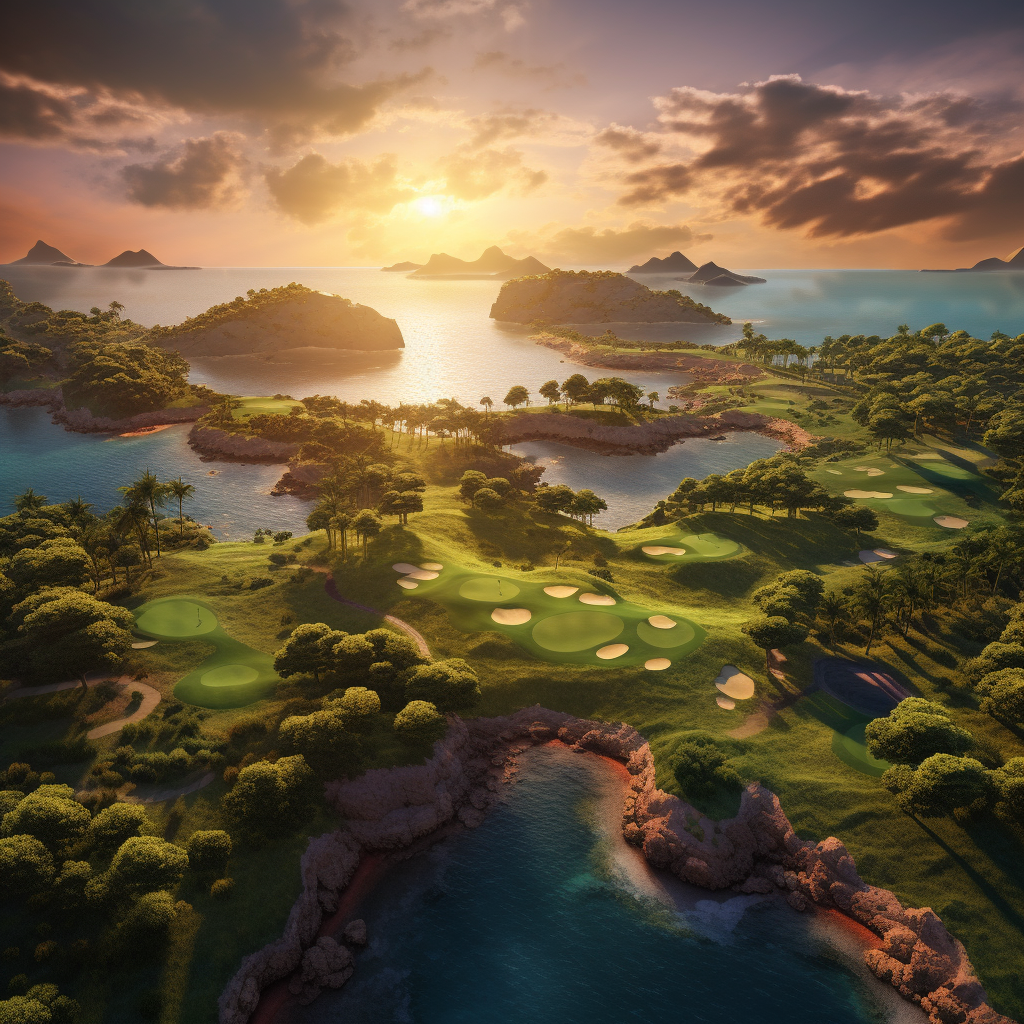 Aerial view of majestic golf course island