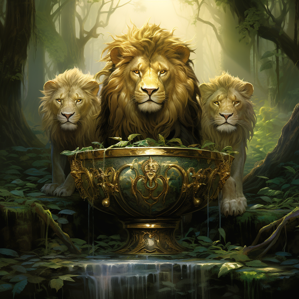 Majestic jungle lions with gold coins