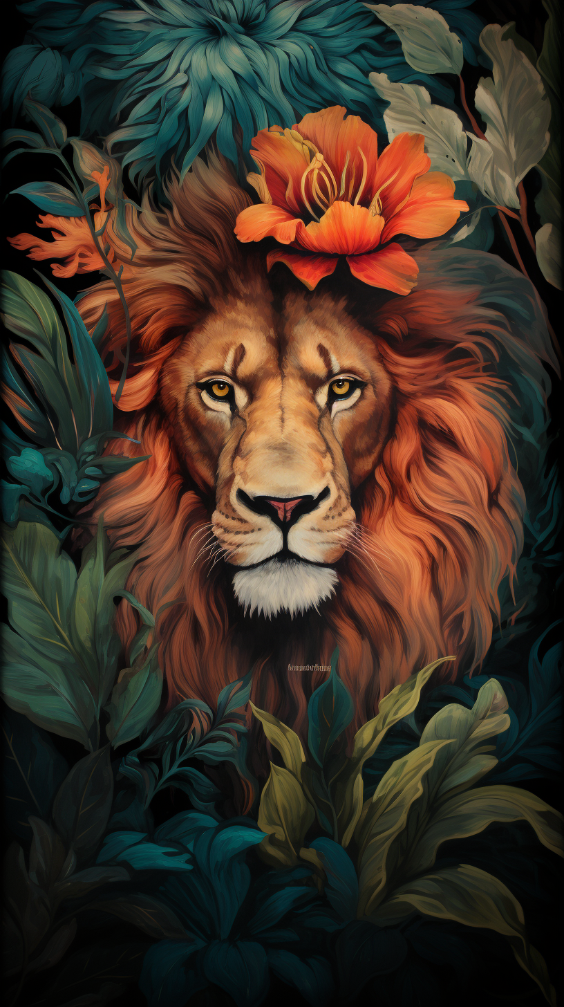 Majestic lion in warm colors and teal