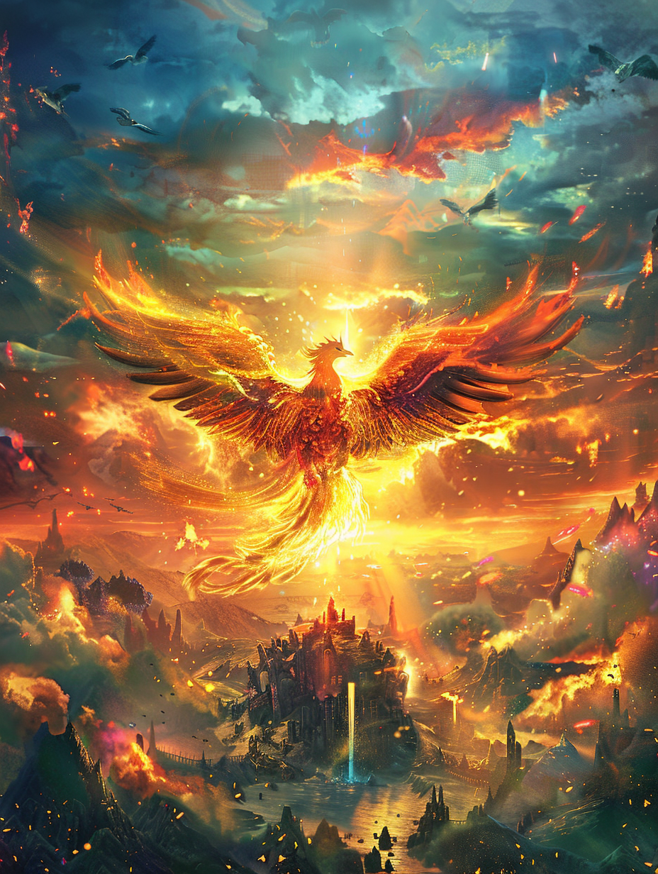 Fiery Phoenix Sunset Wings Spread