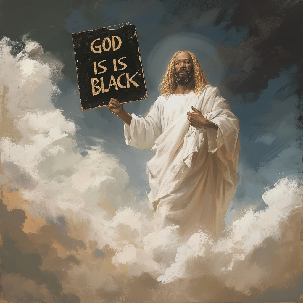 Image of majestic white blonde Jesus holding a sign