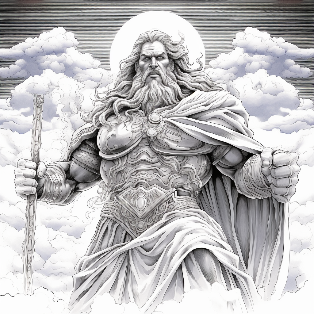 Black and white coloring page of Zeus