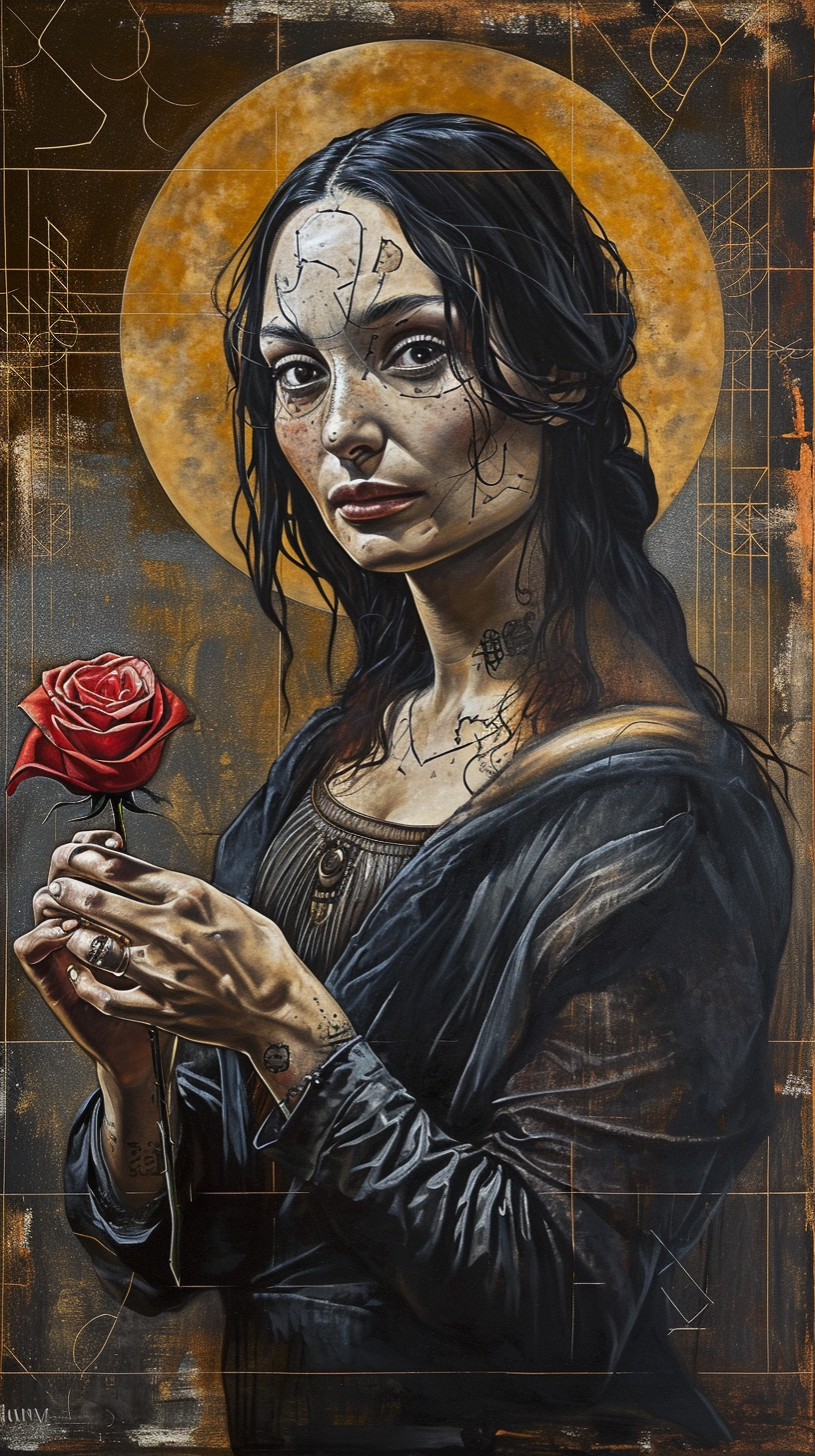 Portrait of Makima holding a rose in Da Vinci style