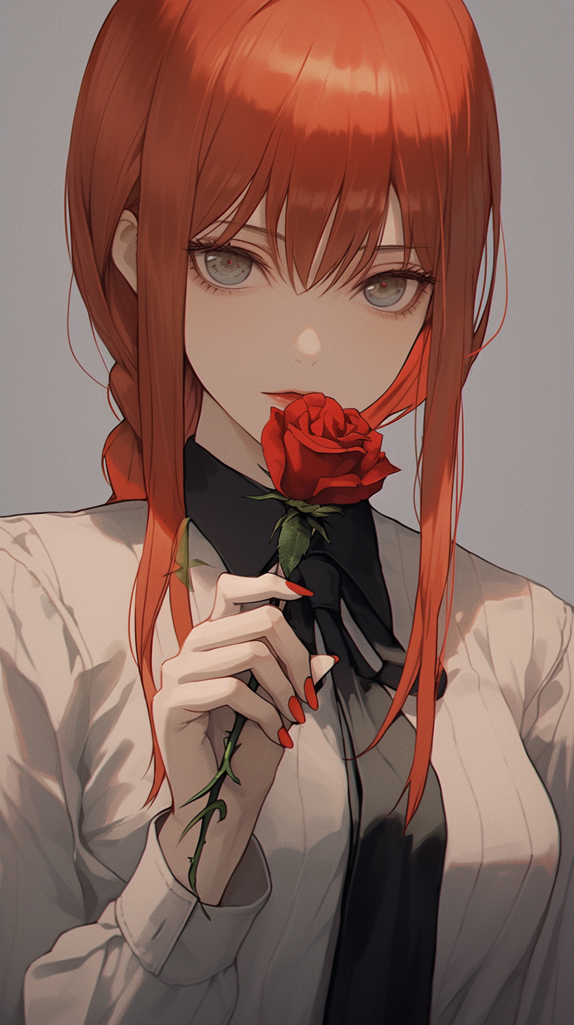 Makima holding a rose in anime style