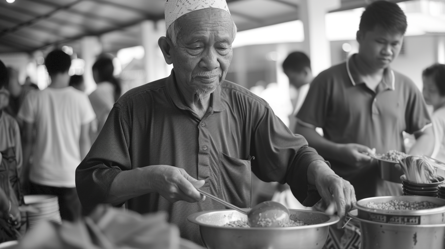 Malay man scooping porridge at food donation