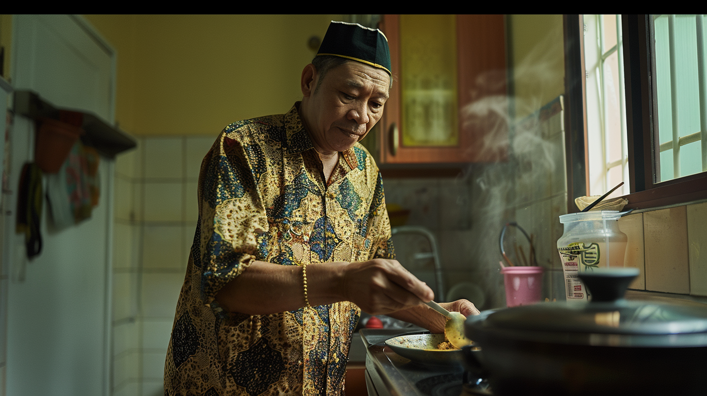 Malay man scooping porridge indoors