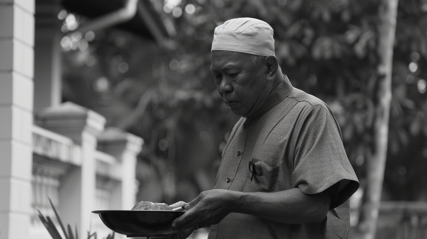 Malay man scooping porridge mosque