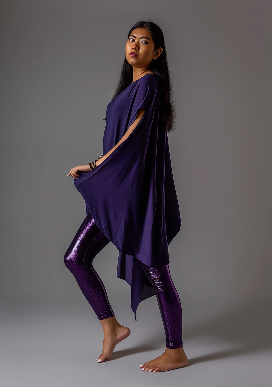 Malay-Singaporean supermodel in purple leggings and kaftan