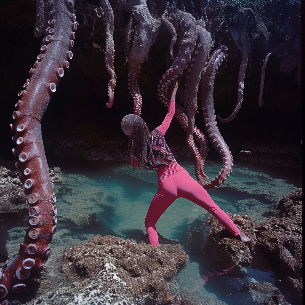 Malaysian-Malay supermodel in pink leggings with tentacles