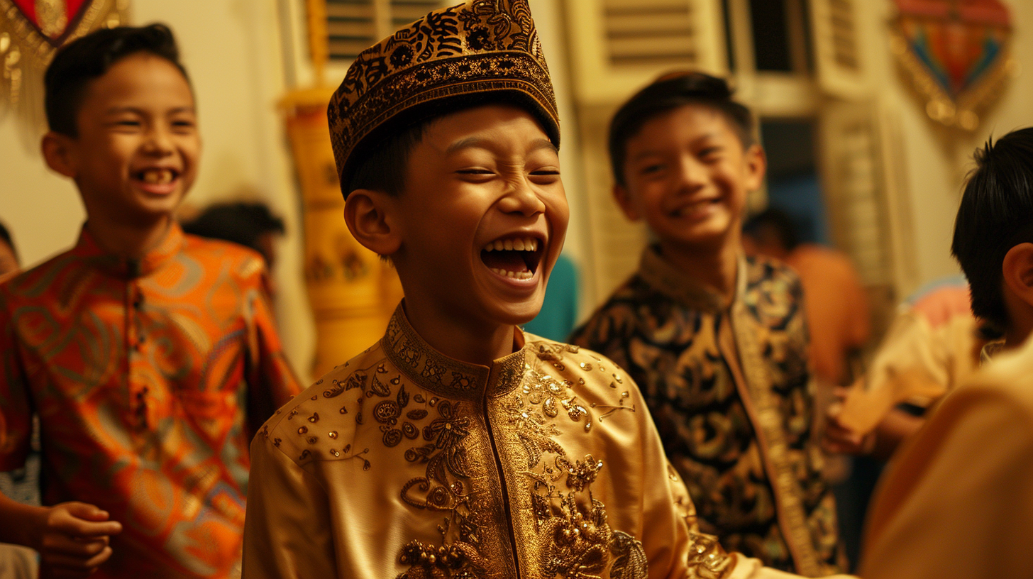 Malay teenage boy laughing with friends