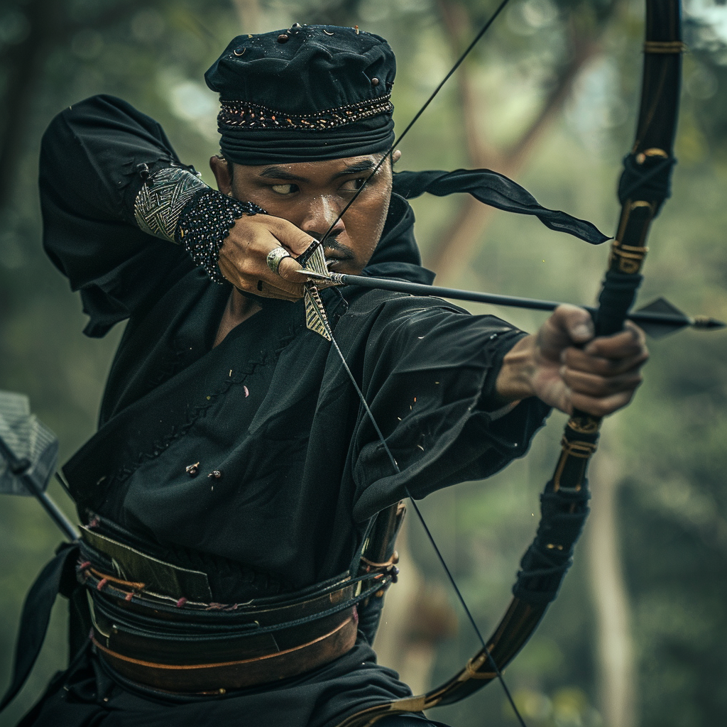 Malay warrior in black archery pose