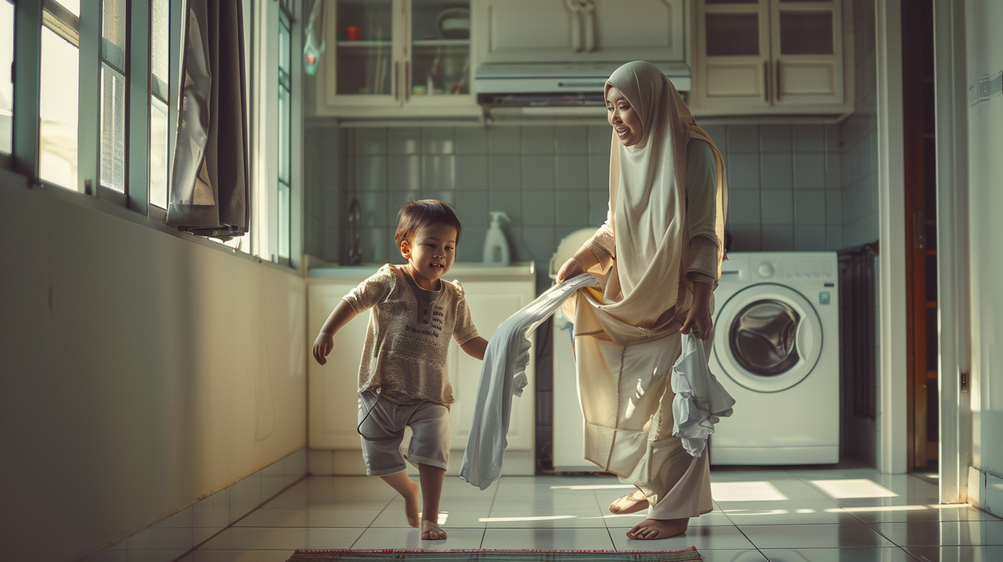 Malaysia Muslim Mother Daughter Laundry