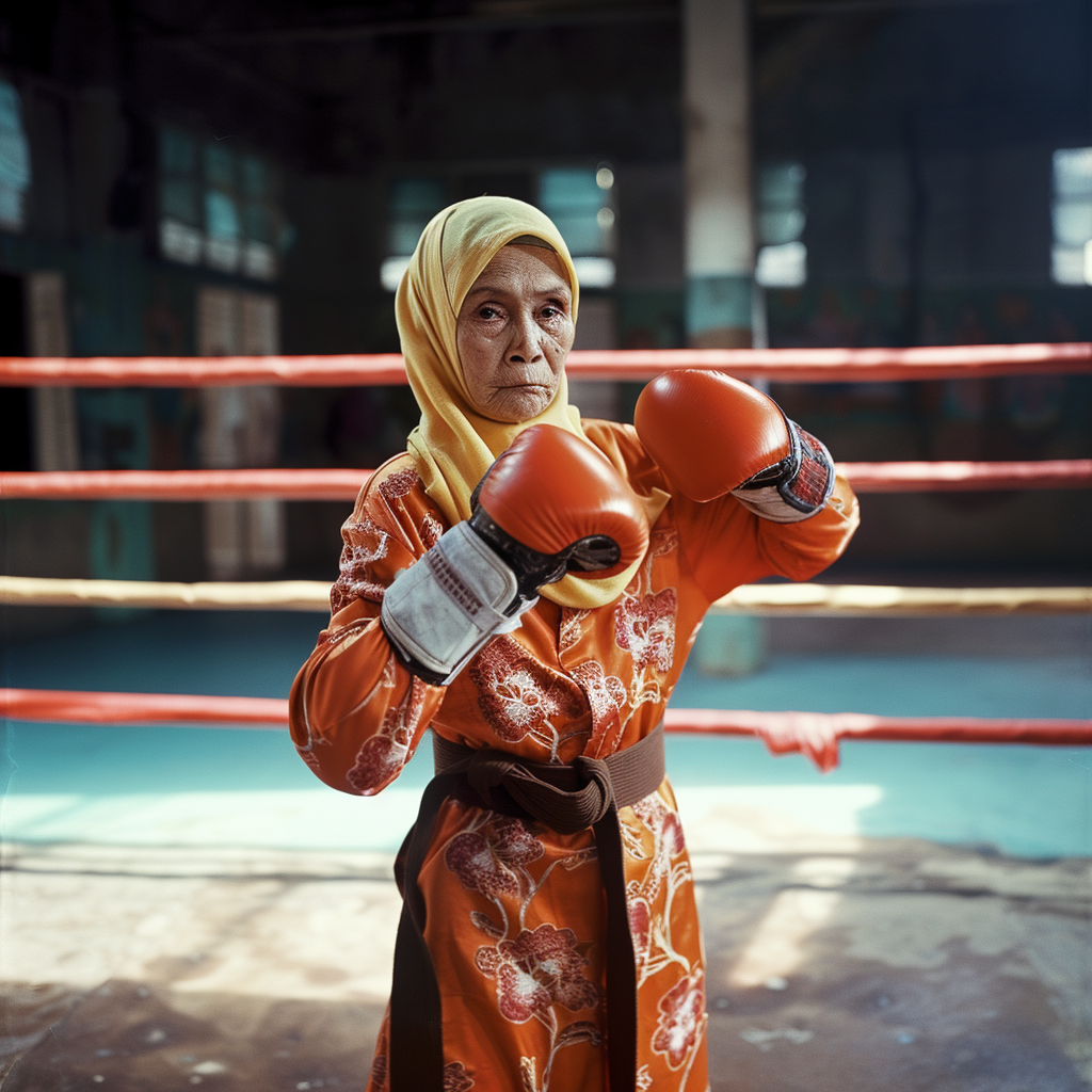 Malaysian Hijabi Grandmother Practicing Muay Thai