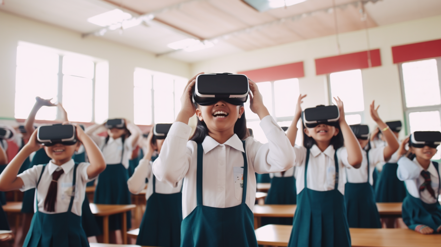 Malaysian kids experiencing virtual reality in classroom