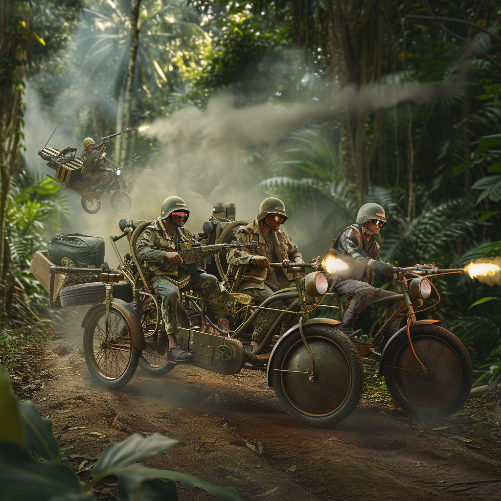 Malaysian Militias Firing from Modified Military Combat Rickshaw with Sidecar
