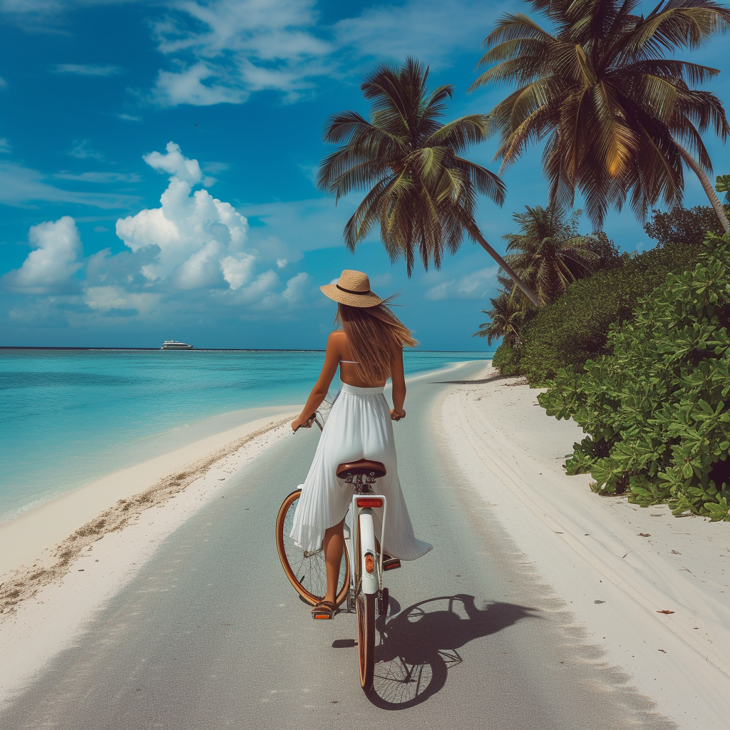 Woman Riding Retro Bicycle in Maldives