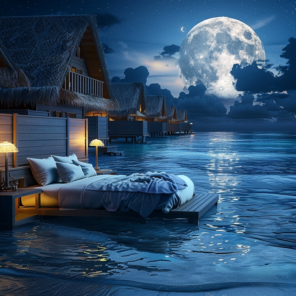 Maldives huts night sea moonlight