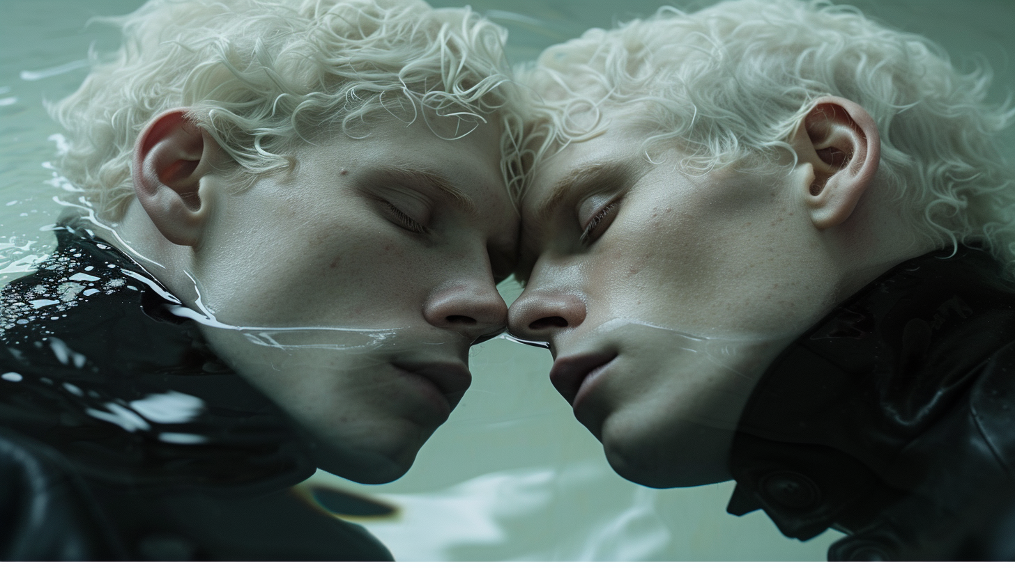 Male Android Albino Model Floating in Water Tank