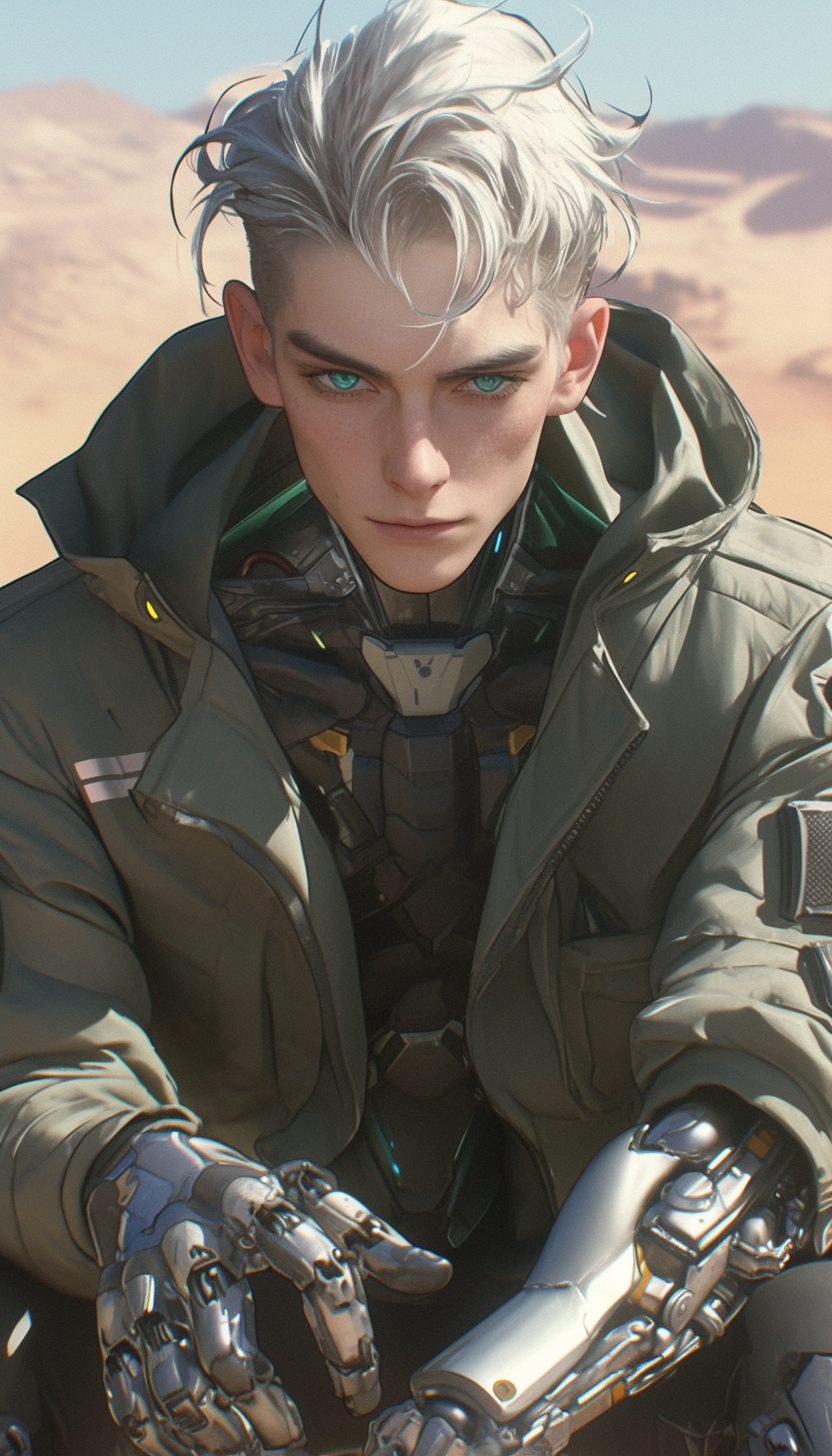 Male android sitting in cyberpunk desert