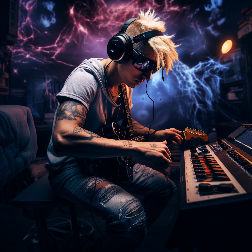 Man with Blonde Hair and Tattoos Recording Music in VR