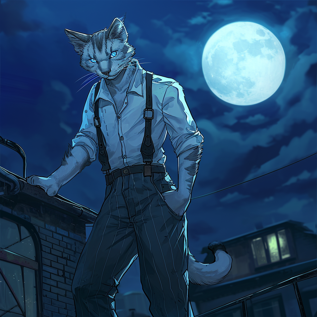 Anthro Male Cat with Silver Tabby Fur and Blue Eyes