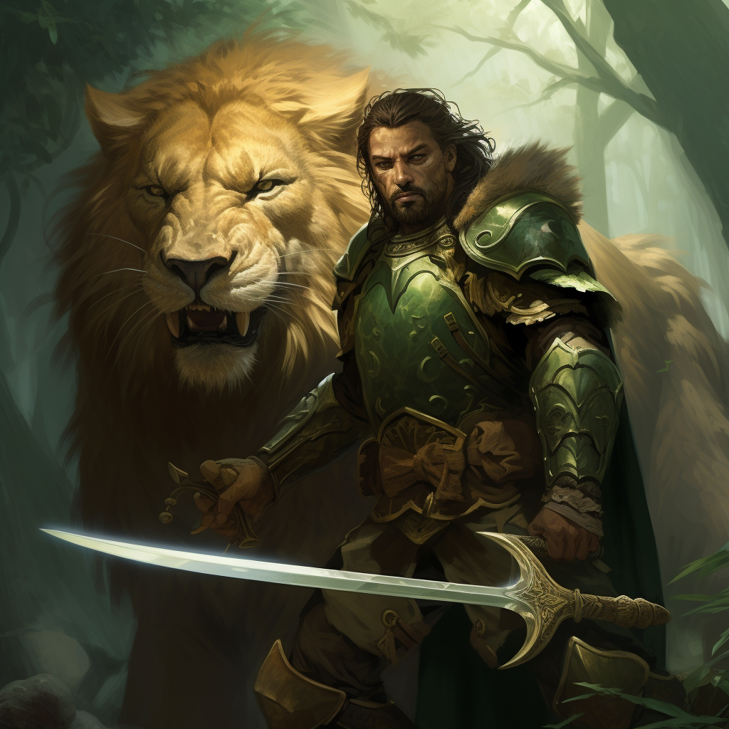 Fearless ranger wields sword with smilodon companion