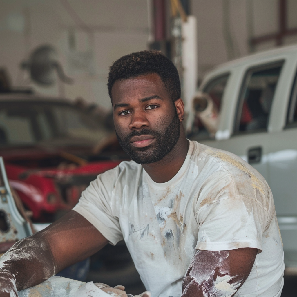 man repairing SUV in garage