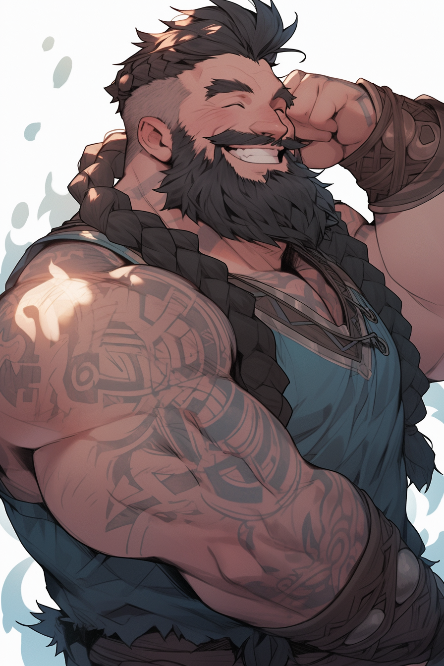 Happy male dwarf viking character with messy hair