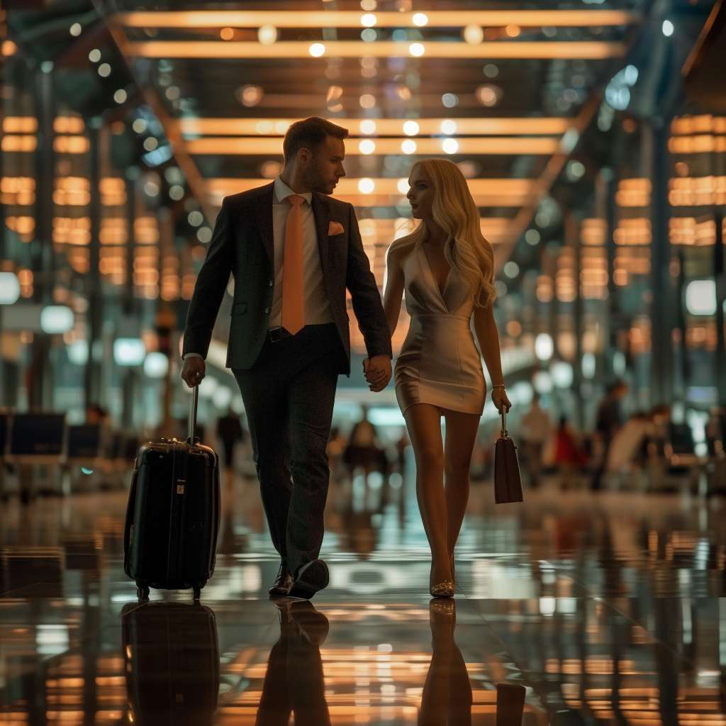 Male entrepreneur and blonde girl with suitcases at Vnukovo Airport