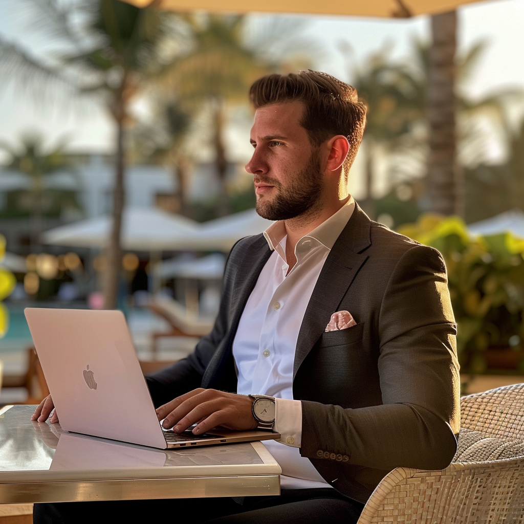 male entrepreneur working at luxury resort