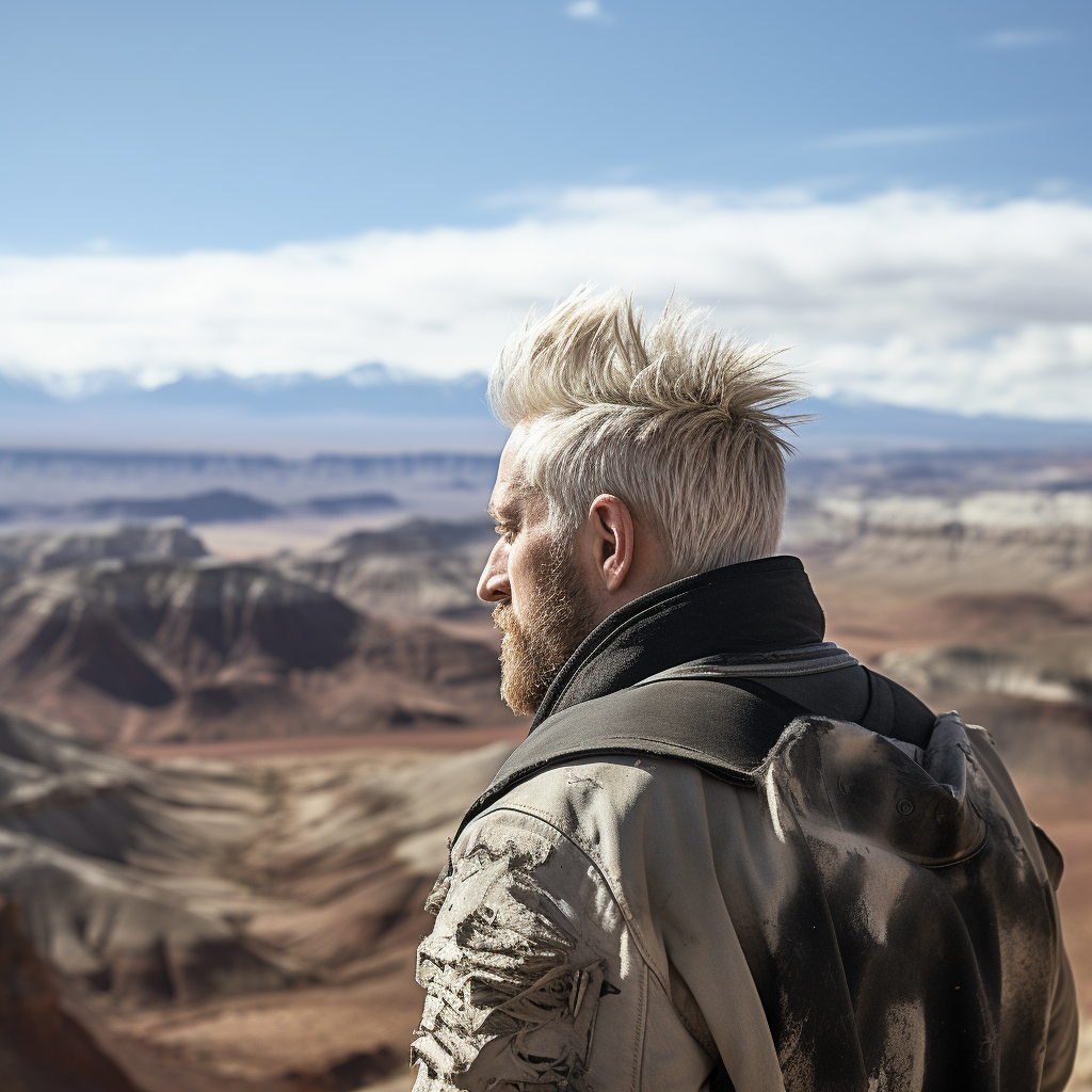 Man with Bleached Punk Hair in Postapocalyptic Landscape