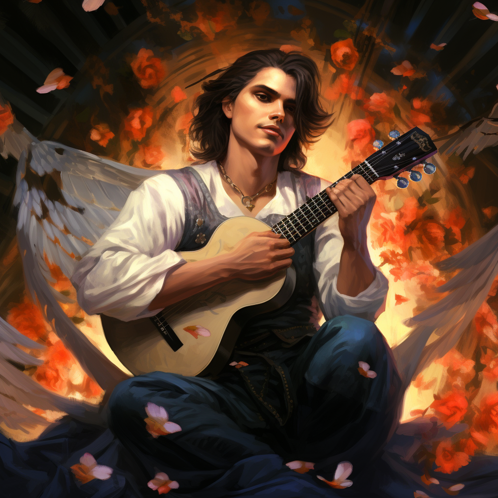 Male fairy with bird wings holding a lute