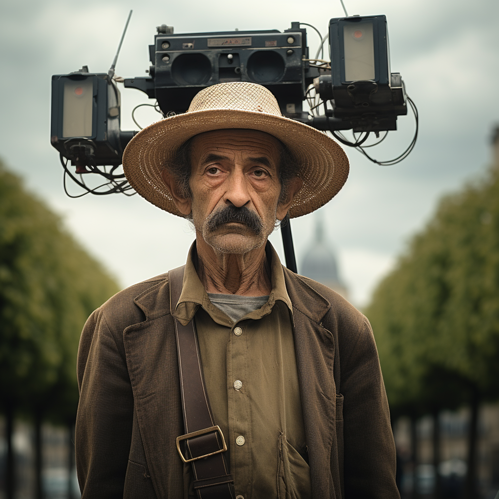 Male farmer using futuristic movie camera in Paris