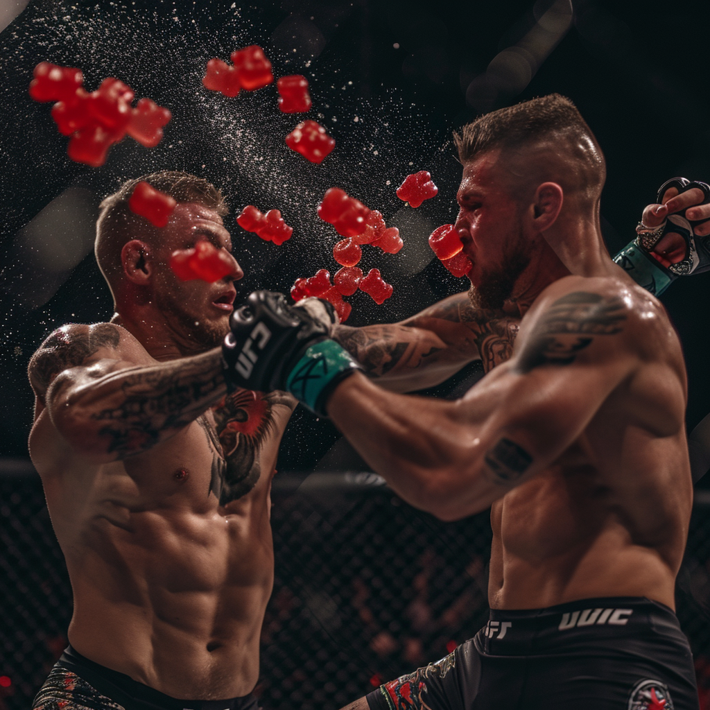 Professional male UFC fighter hitting opponent gummy bears