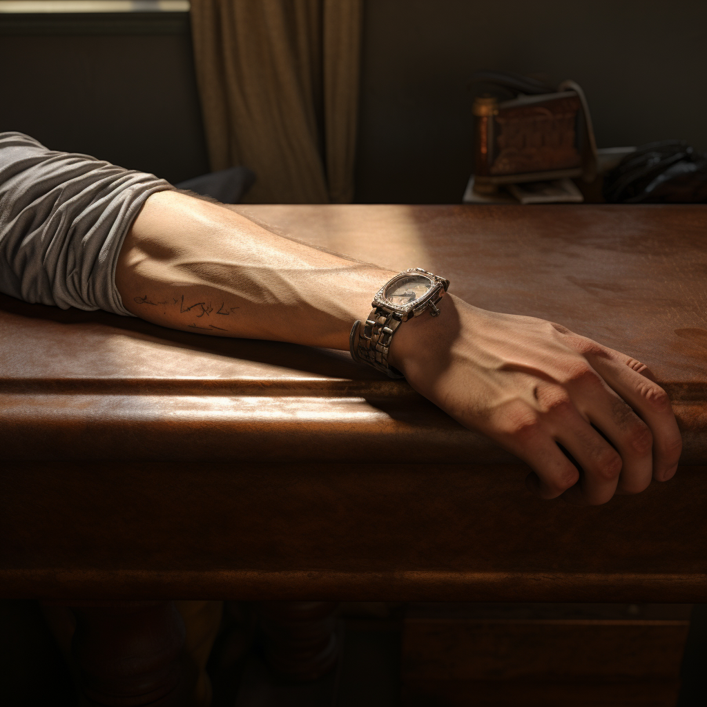 Male forearm resting on table