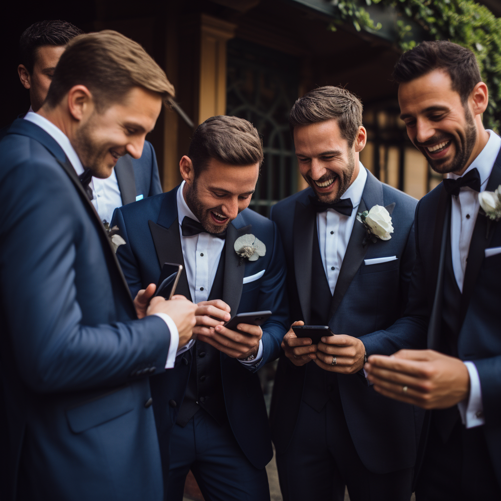 Group of male friends checking smartphone at a formal wedding