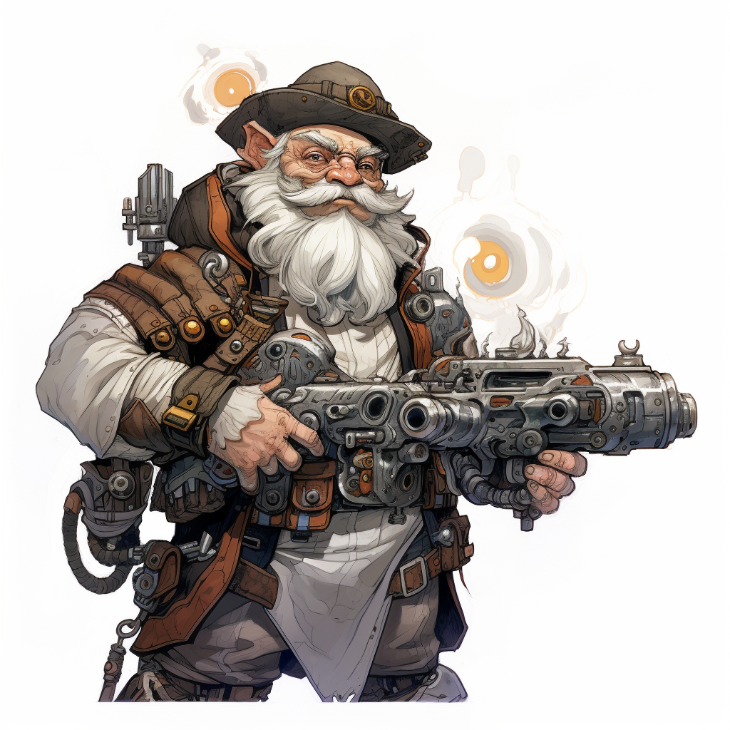 Silly and friendly male gnome artificer with clockwork blunderbuss