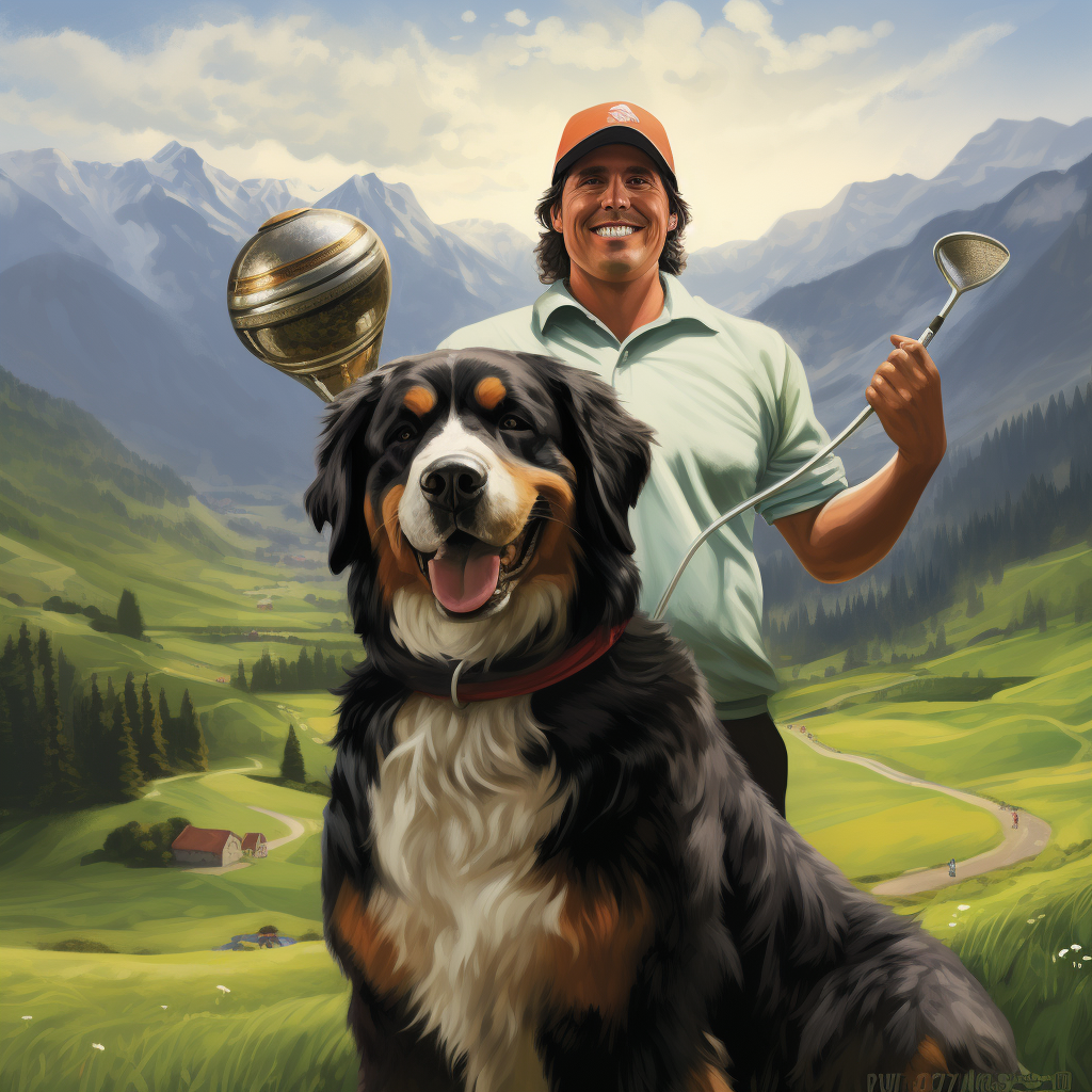 Older male golfer with championship cup and Bernese dog