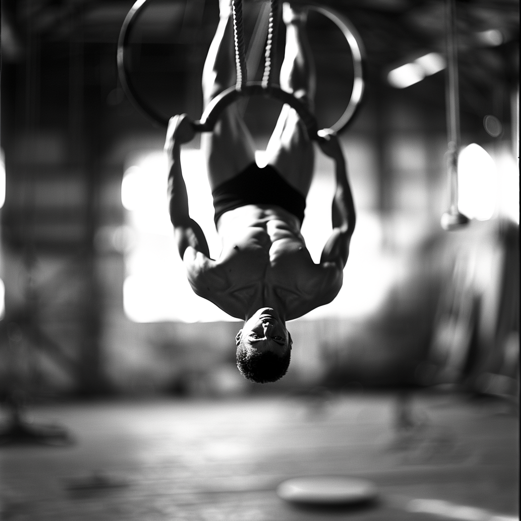 Monochrome photo of male gymnast on rings