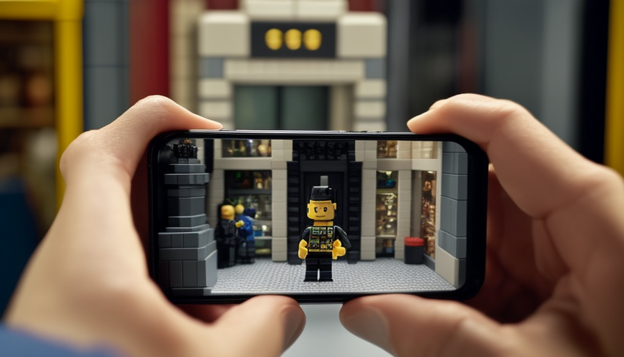 Male Hand Holding Cellphone in Lego Store