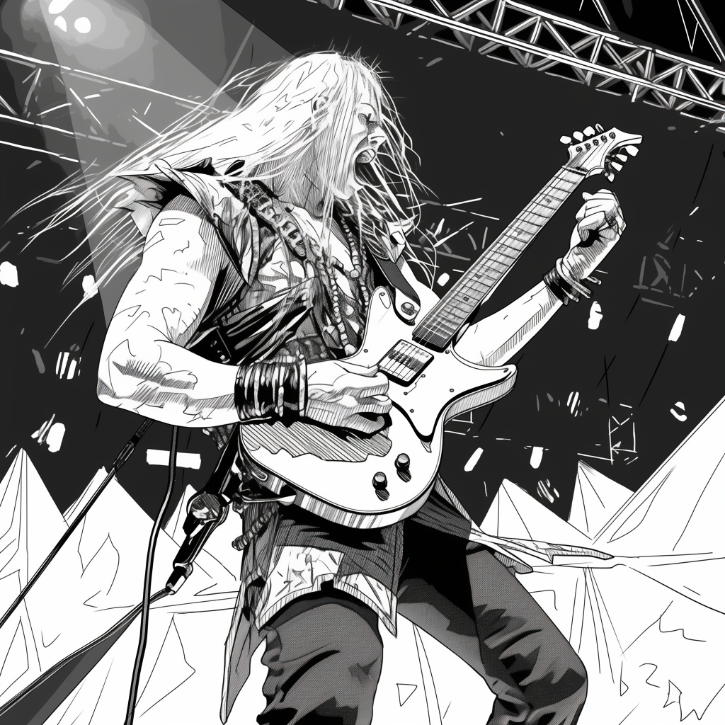 Black and white line art drawing of a male heavy metal guitarist