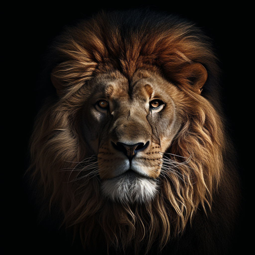 Majestic male lion head with black background